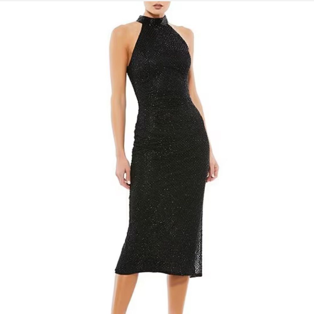 NWT Mac Duggal black Hand Embellished Halter Neck Midi Sheath Dress beaded 6